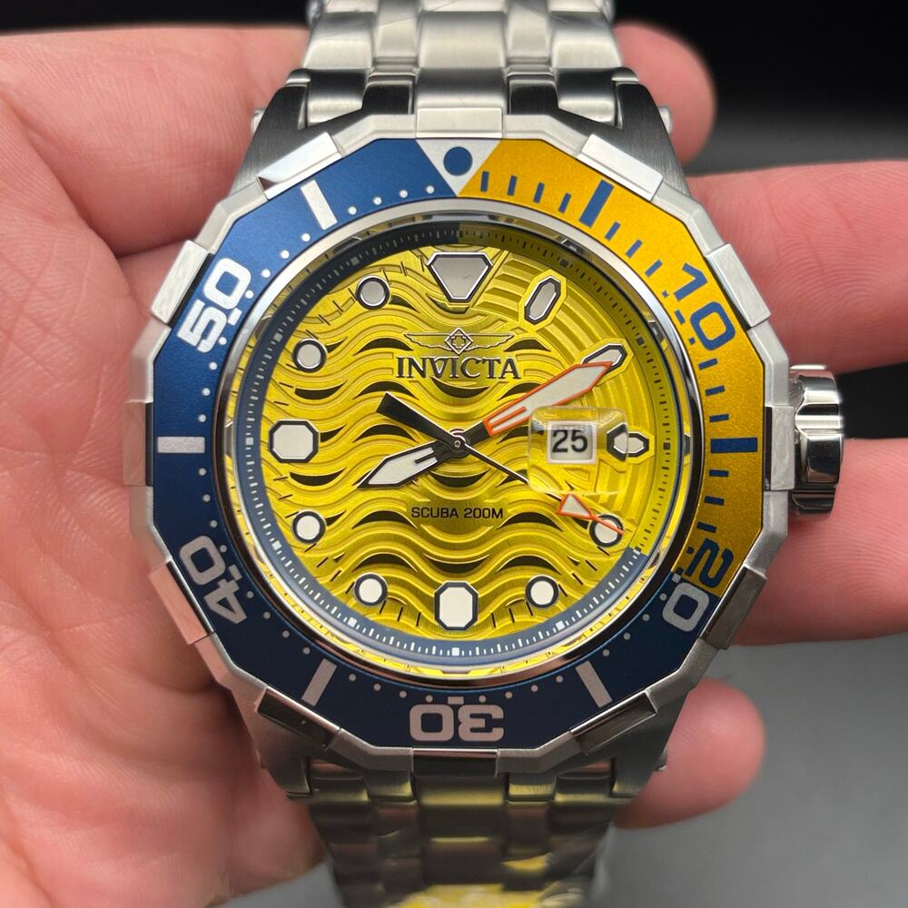 Invicta 47844 Pro Diver Wave Scuba Yellow Dial Blue Bezel Steel Alum Men's Watch - Picture 5 of 16